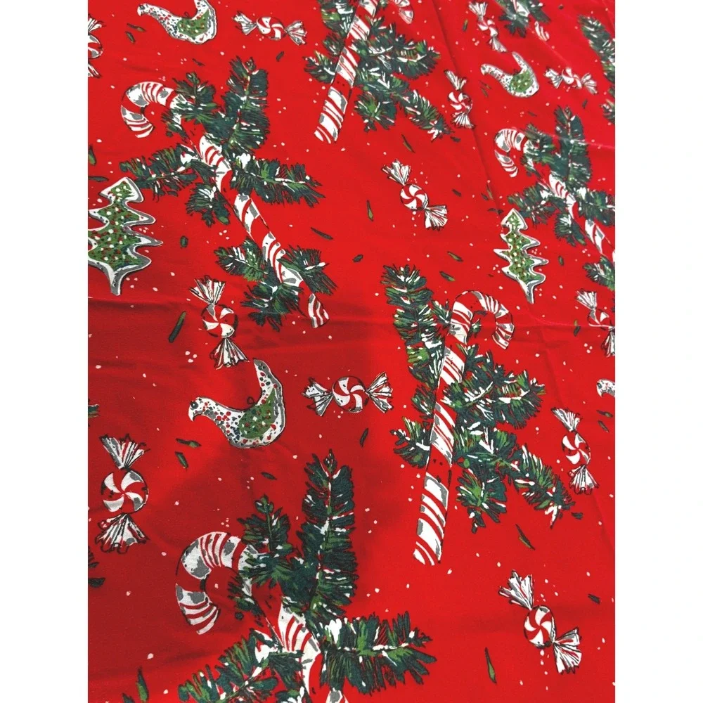 Vintage Christmas Tablecloth Red Candy Cane Evergreen Green Rickrack 50x84